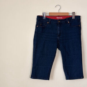 Tristan Women’s Dark wash Denim Polka Dot Bermuda Shorts, SZ 32”